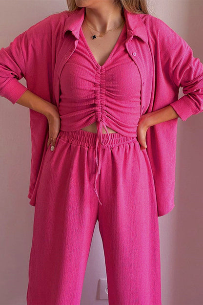 LD Casual Solid Draw String Fold Turndown Collar Long Sleeve Three-Piece (Shirt Vest Pants)