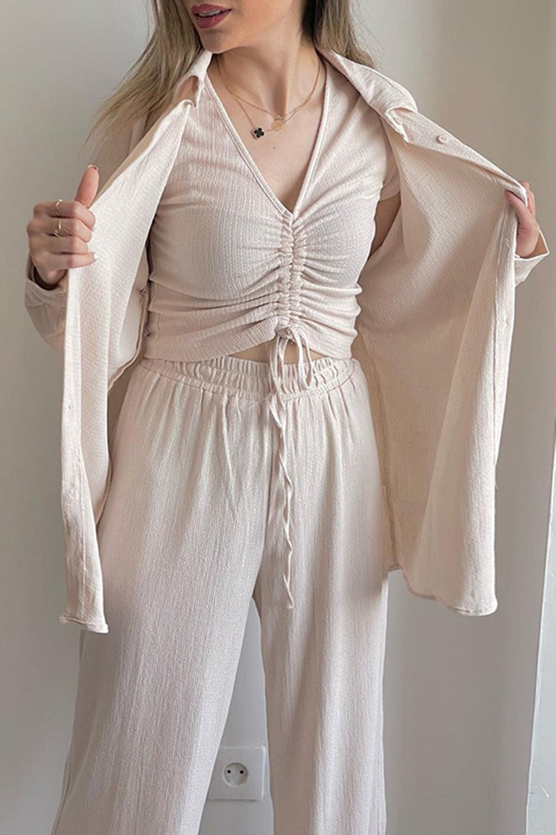 LD Casual Solid Draw String Fold Turndown Collar Long Sleeve Three-Piece (Shirt Vest Pants)