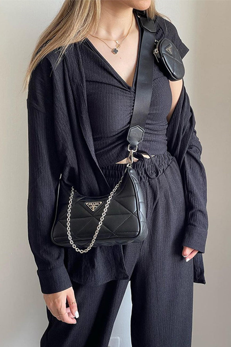 LD Casual Solid Draw String Fold Turndown Collar Long Sleeve Three-Piece (Shirt Vest Pants)