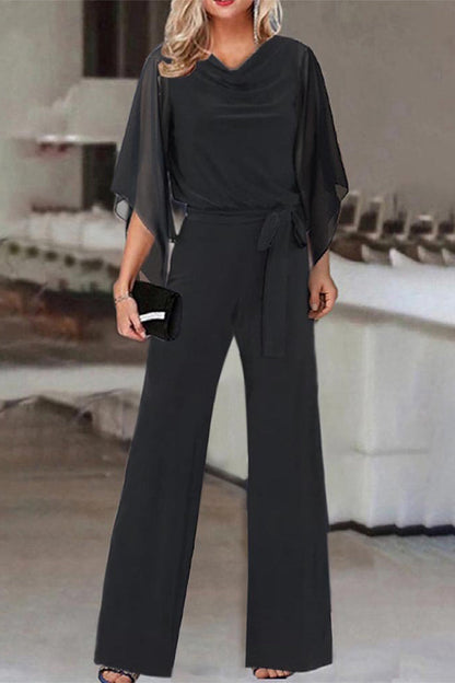 LD plain-banded asymmetrical collar straight-jumpsuits (4 colours)