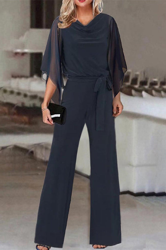 LD plain-banded asymmetrical collar straight-jumpsuits (4 colours)