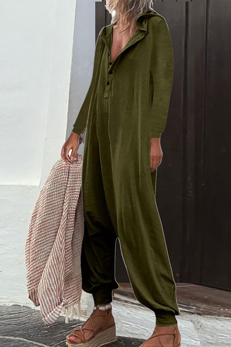 LD Casual Solid Buttons Hooded Collar Loose Jumpsuits (8 colors)