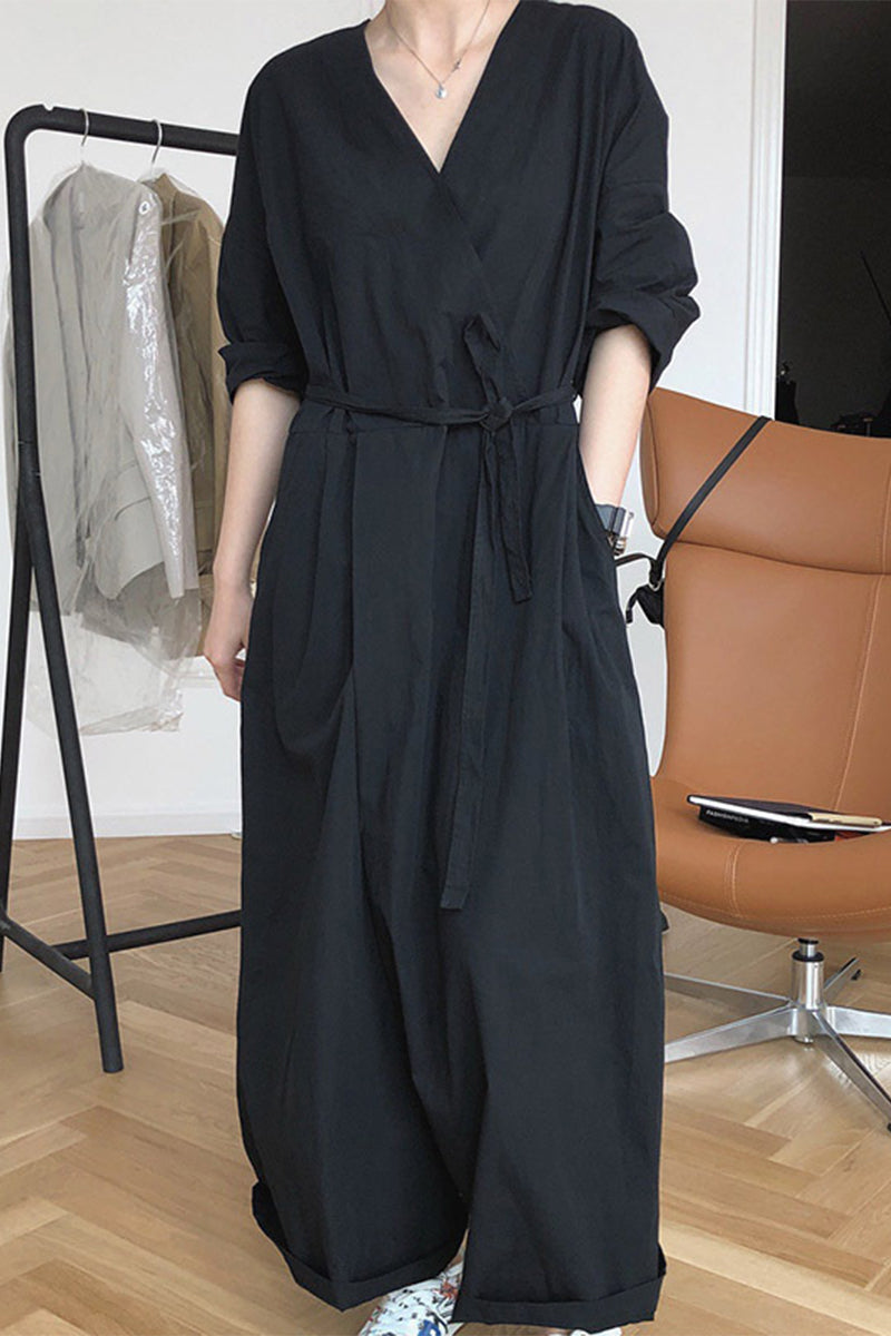 LD college jumpsuits with solid collar and loose V-neck