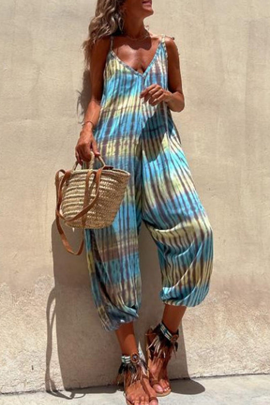 LD college print pocket V-neck loose jumpsuits