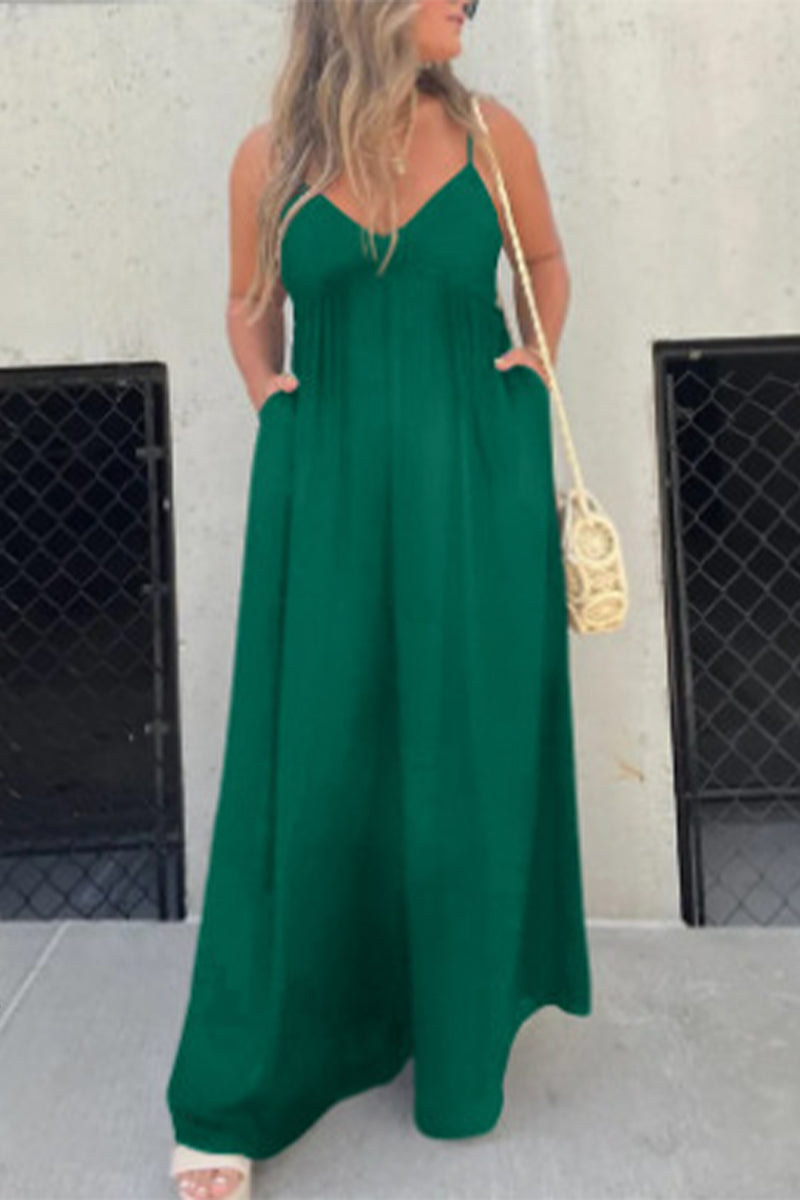 Casual solid color pocket pleated v-neck jumpsuits (9 colors)