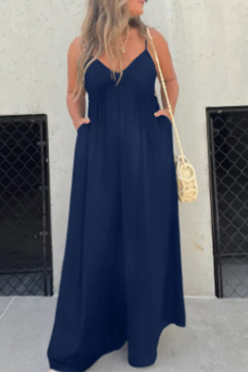 Casual solid color pocket pleated v-neck jumpsuits (9 colors)