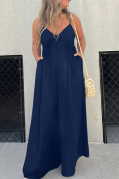 Casual solid color pocket pleated v-neck jumpsuits (9 colors)