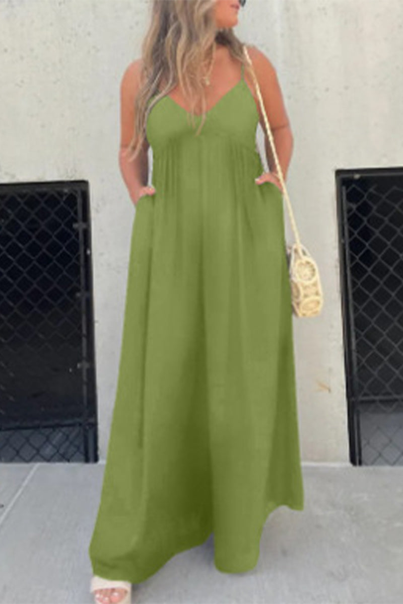 Casual solid color pocket pleated v-neck jumpsuits (9 colors)