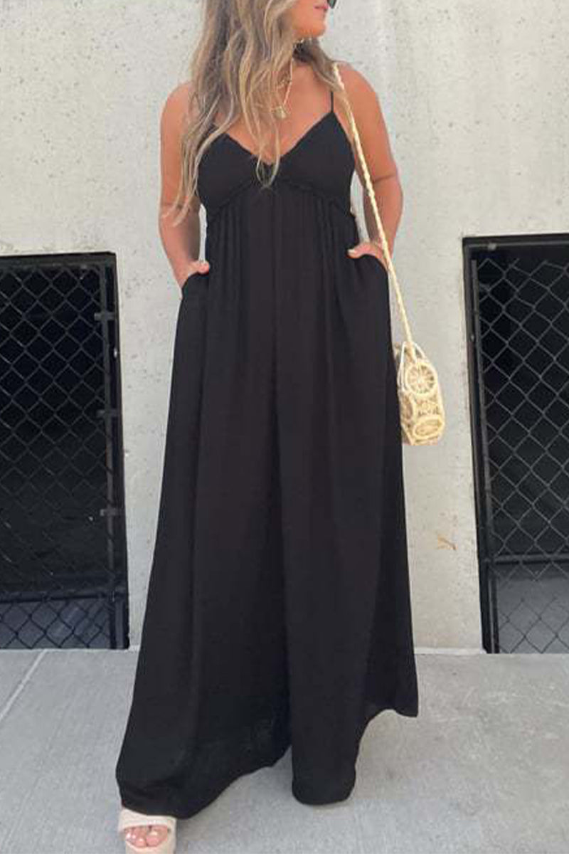 Casual solid color pocket pleated v-neck jumpsuits (9 colors)