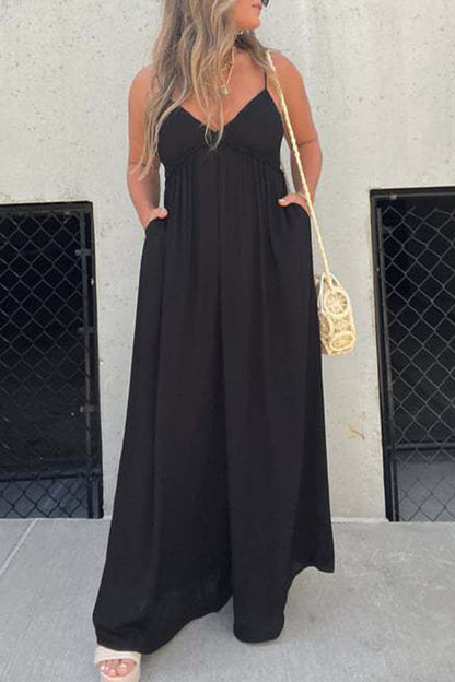 Casual solid color pocket pleated v-neck jumpsuits (9 colors)
