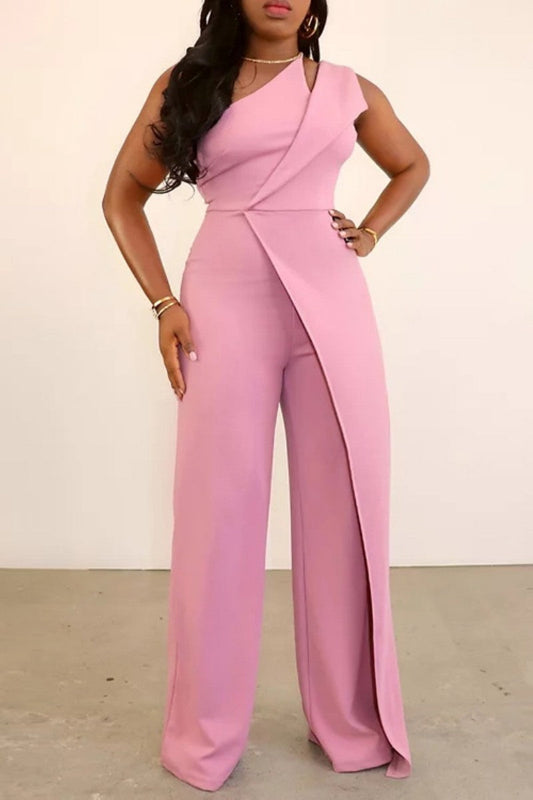 Casual Solid Patchwork Backless Bias Collar Regular Jumpsuits - without belt