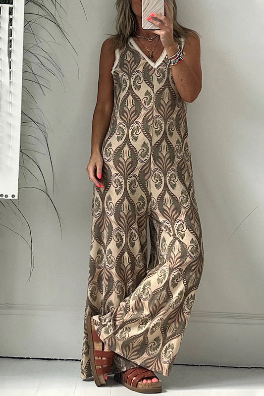 LD college geometric-print v-neck loose-fitting jumpsuits