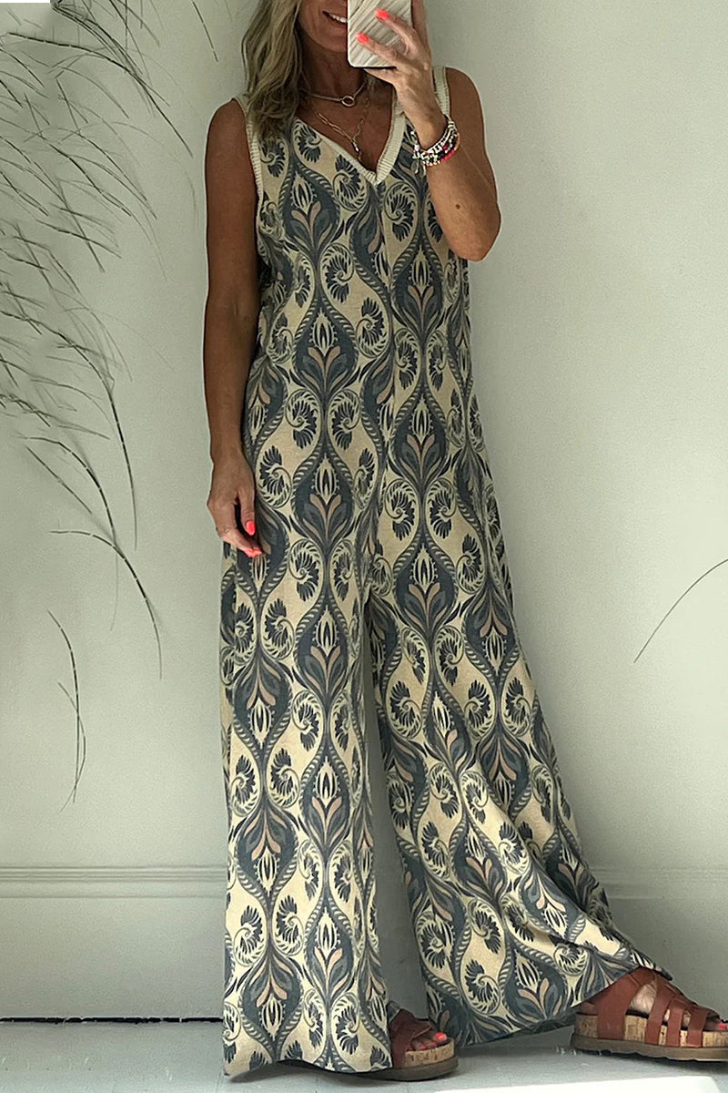 LD college geometric-print v-neck loose-fitting jumpsuits