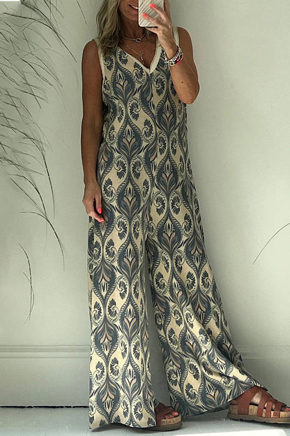 LD college geometric-print v-neck loose-fitting jumpsuits