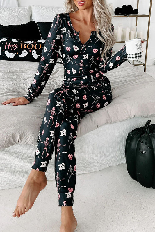 LD Casual skull print V-neck two-piece pants with long sleeves