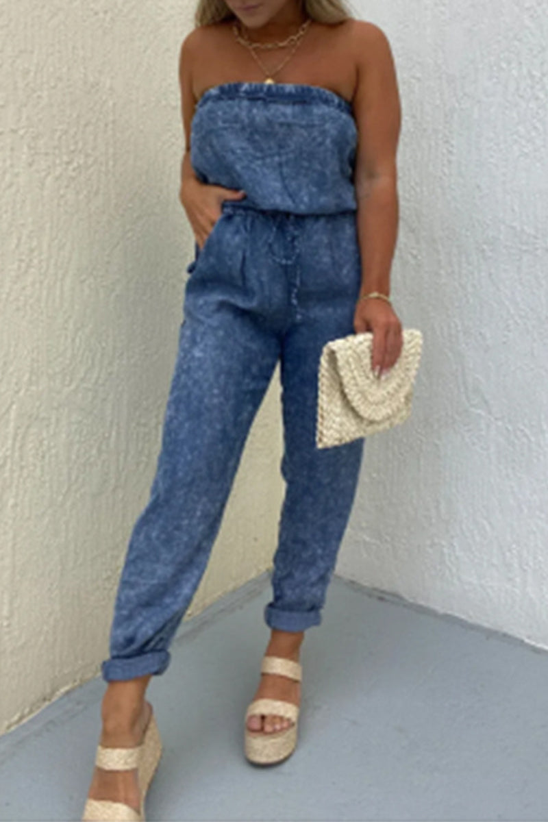 Casual single-breasted-make-old-bag strapless regular jumpsuits