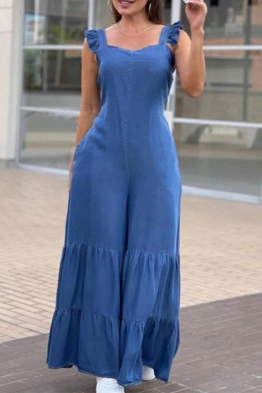 LD plain loose overalls with square collar