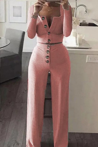 Casual Solid Button Waistcoat Pants U Neck Sleeveless Two Pieces