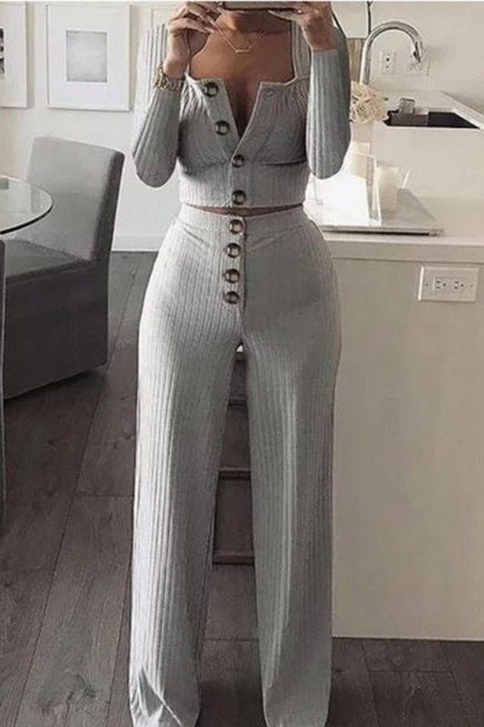 Casual Solid Button Waistcoat Pants U Neck Sleeveless Two Pieces