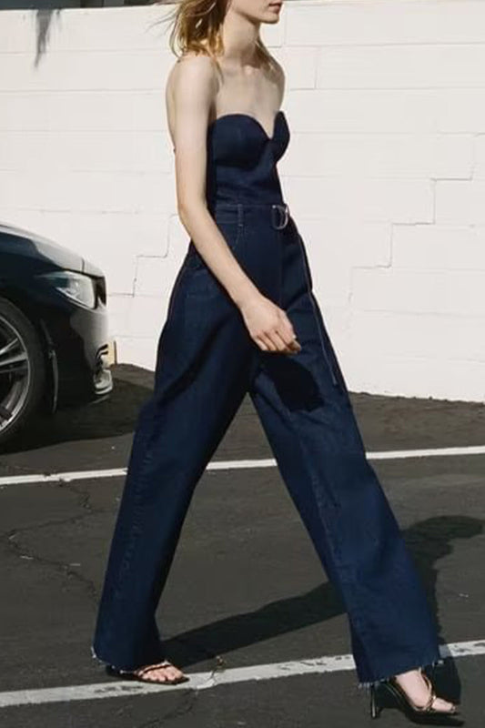 Casual chunky bag with strapless belt sleeveless denim jumpsuits