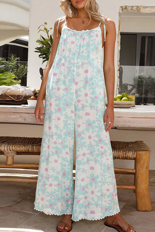 LD Floral Backless Backless U Loose Jumpsuits