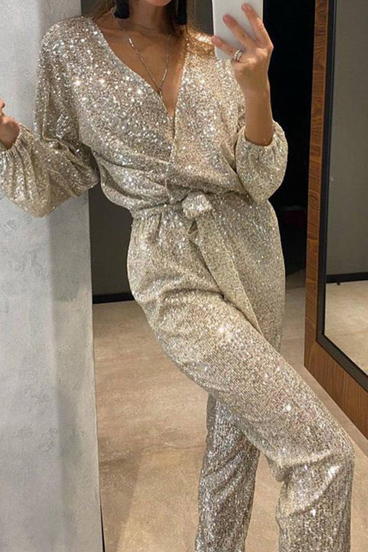 Casual British-style solid bandage sequin sequin v-neck regular overalls