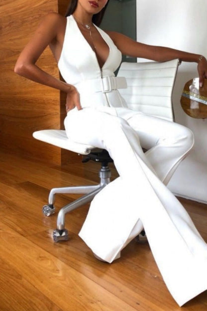 Casual Solid Color Backless with Ribbon Halter Skinny Jumpsuits