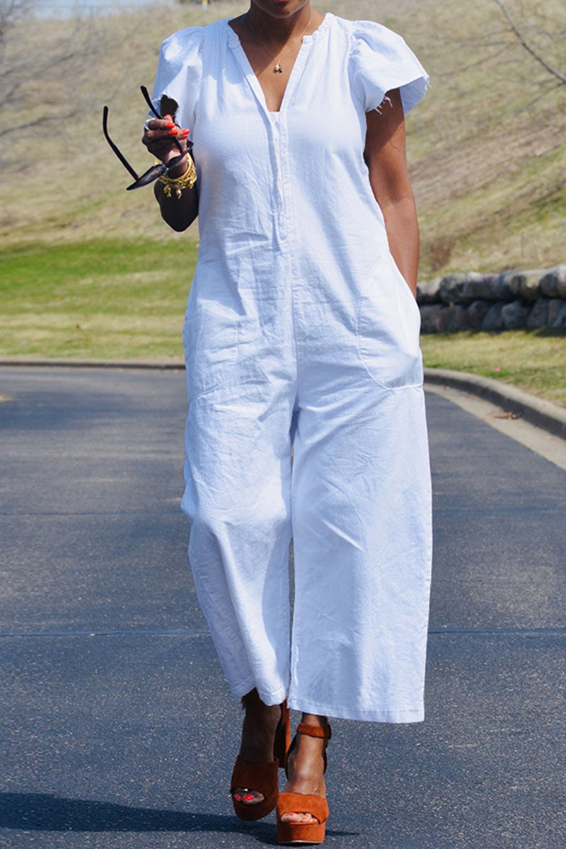 Casual Solid Patchwork Bag V Neck Regular Jumpsuits