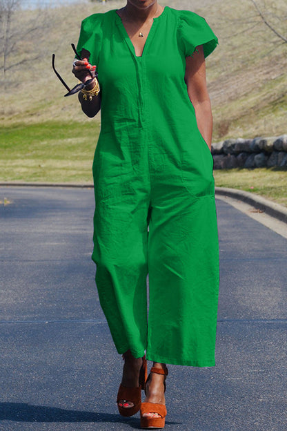Casual Solid Patchwork Bag V Neck Regular Jumpsuits