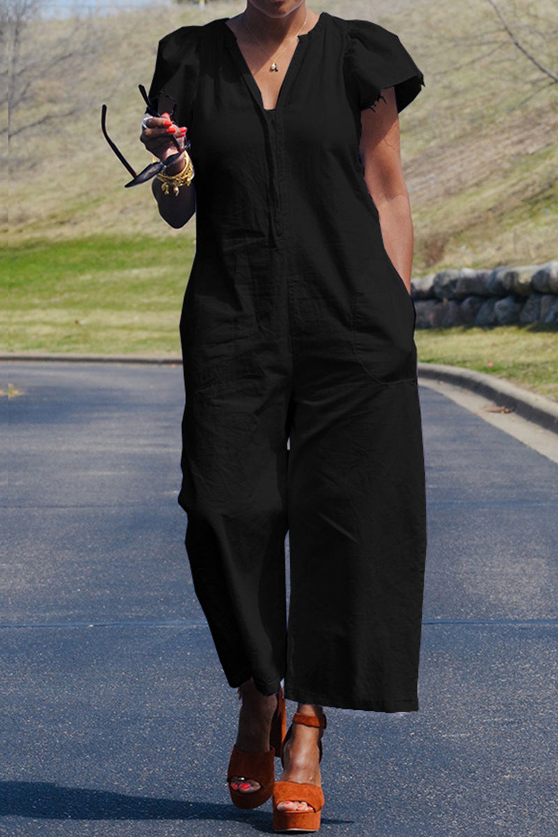 Casual Solid Patchwork Bag V Neck Regular Jumpsuits