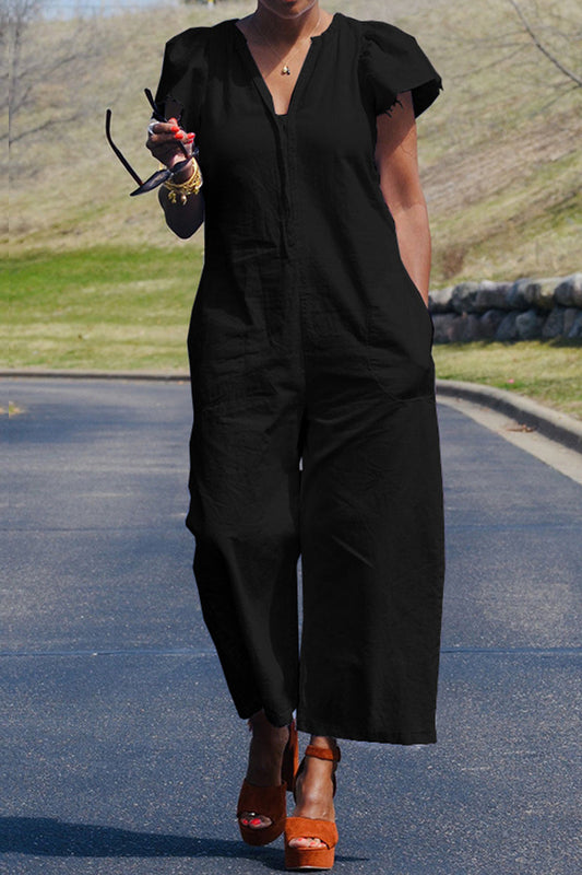 Casual Solid Patchwork Bag V Neck Regular Jumpsuits