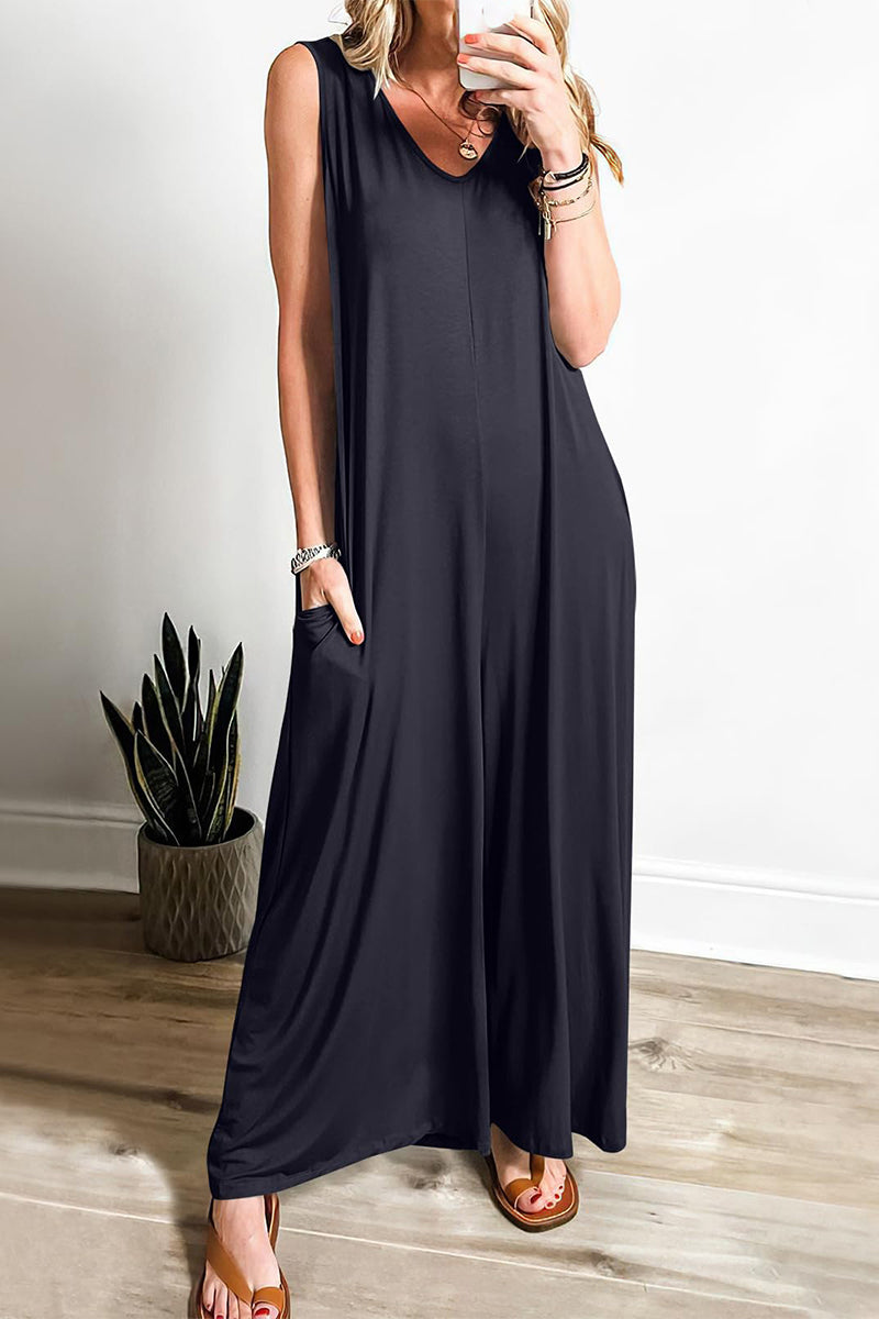 LD Simplicity Solid Pocket V-Neck Loose Jumpsuits