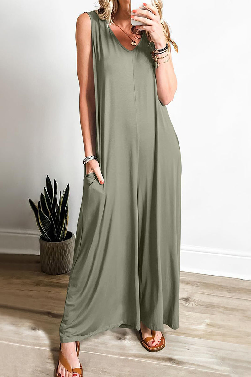 LD Simplicity Solid Pocket V-Neck Loose Jumpsuits