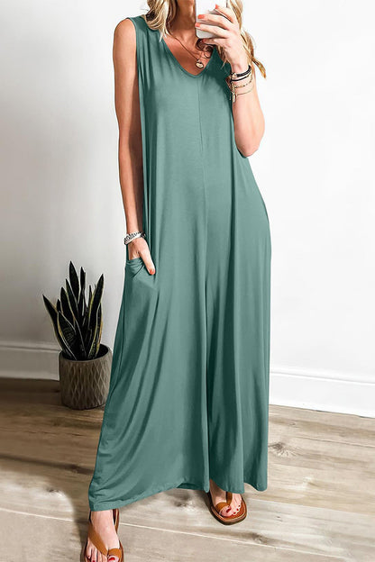 LD Simplicity Solid Pocket V-Neck Loose Jumpsuits