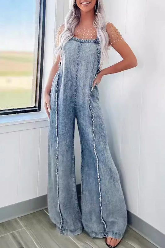 LD Casual Street Solid Patchwork Backless Square-Collar Sleeveless Loose Denim Jumpsuits (Sleeveless Jumpsuit)