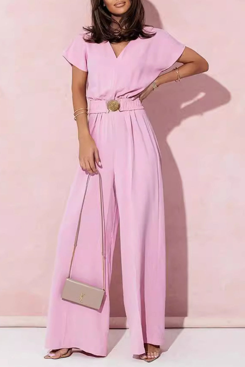 Casual V-neck jumpsuits with solid metal accessories (4 colours)