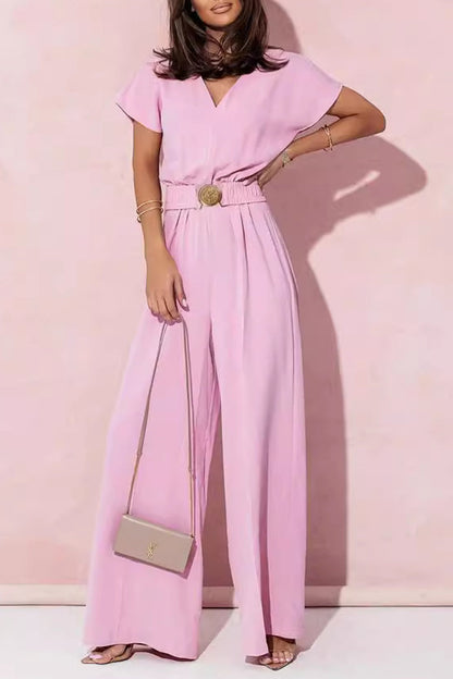 Casual V-neck jumpsuits with solid metal accessories (4 colours)