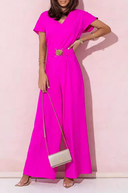 Casual V-neck jumpsuits with solid metal accessories (4 colours)