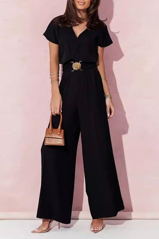Casual V-neck jumpsuits with solid metal accessories (4 colours)