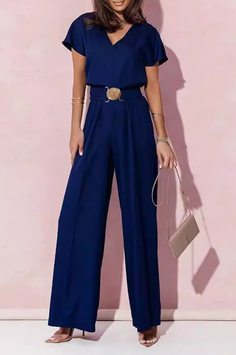 Casual V-neck jumpsuits with solid metal accessories (4 colours)