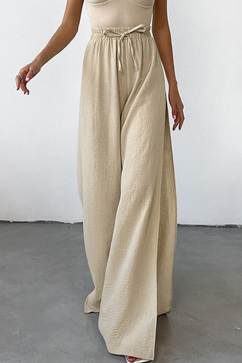 Casual Daily Solid Colour Lace Up Slit Loose High Waist Pants with Wide Legs