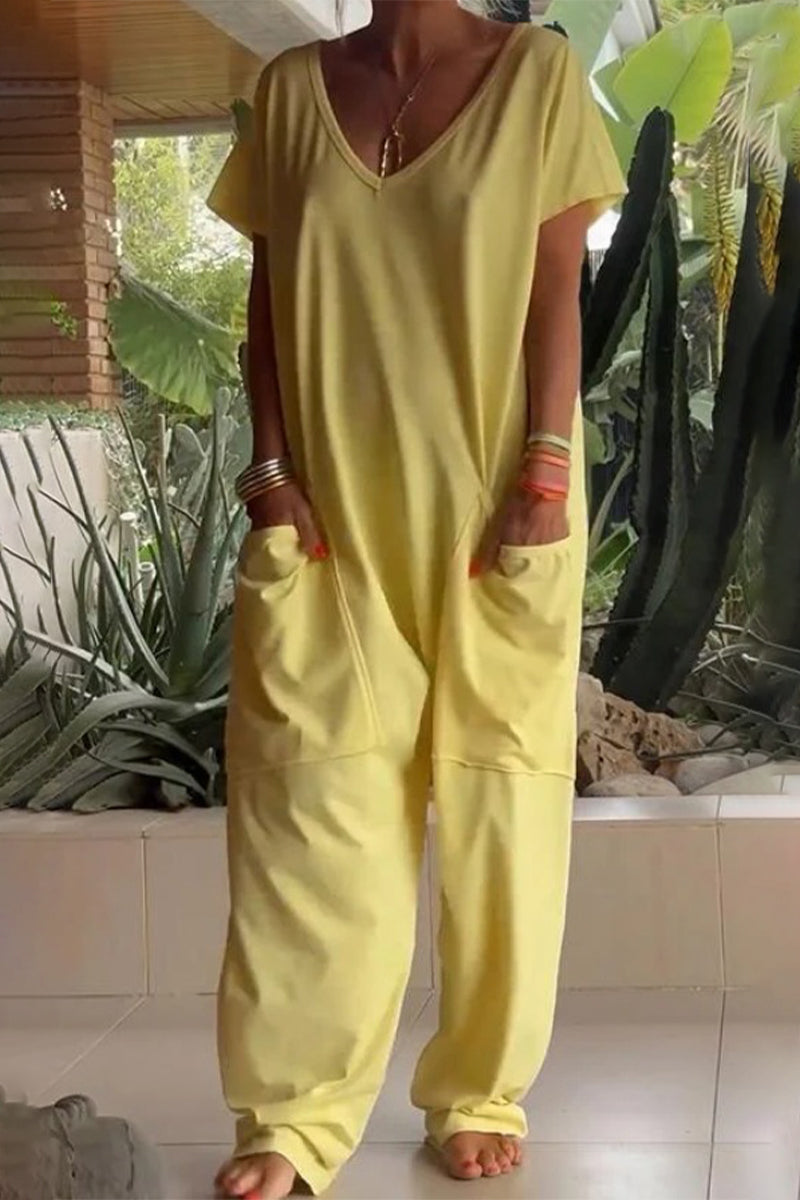 Casual everyday solid color loose-fit jumpsuits with pockets and neckline (8 colors)