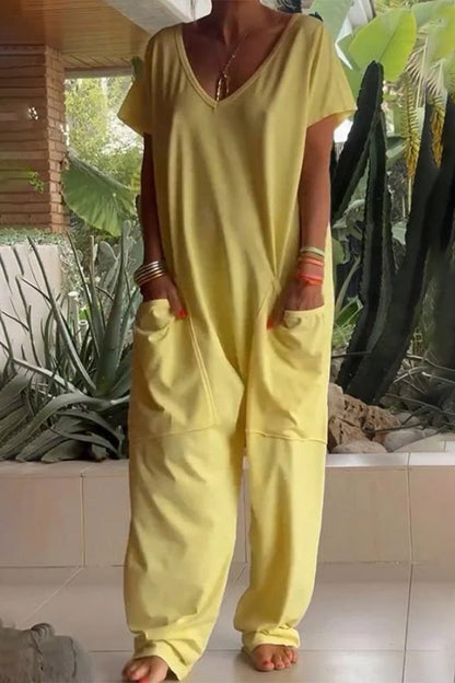 Casual everyday solid color loose-fit jumpsuits with pockets and neckline (8 colors)