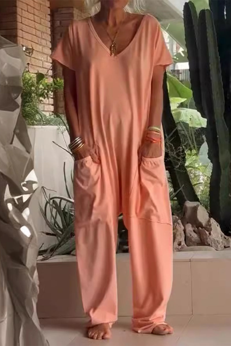 Casual everyday solid color loose-fit jumpsuits with pockets and neckline (8 colors)