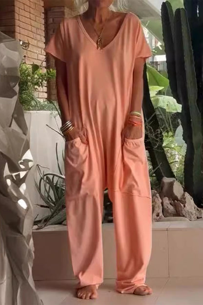 Casual everyday solid color loose-fit jumpsuits with pockets and neckline (8 colors)