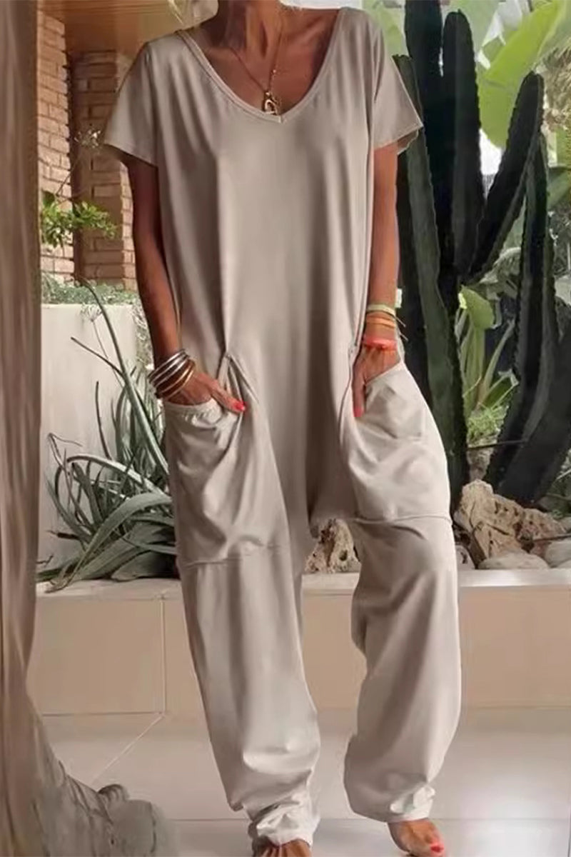 Casual everyday solid color loose-fit jumpsuits with pockets and neckline (8 colors)