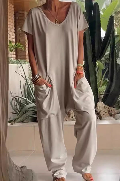 Casual everyday solid color loose-fit jumpsuits with pockets and neckline (8 colors)