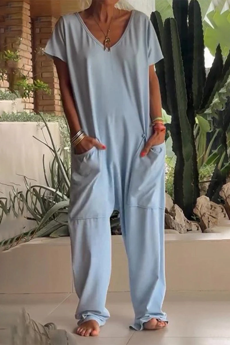 Casual everyday solid color loose-fit jumpsuits with pockets and neckline (8 colors)