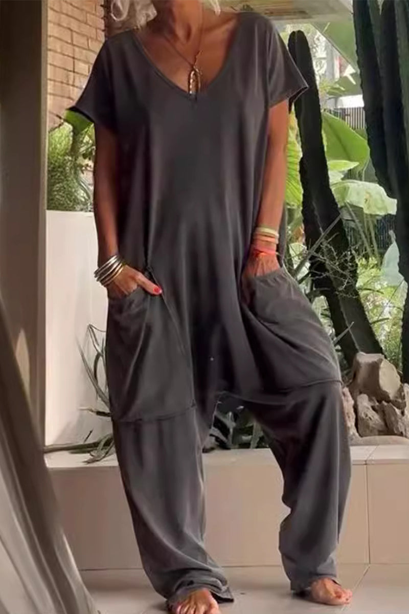 Casual everyday solid color loose-fit jumpsuits with pockets and neckline (8 colors)