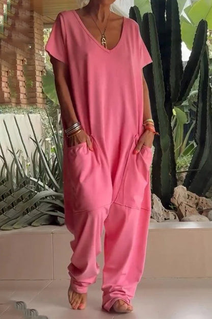 Casual everyday solid color loose-fit jumpsuits with pockets and neckline (8 colors)